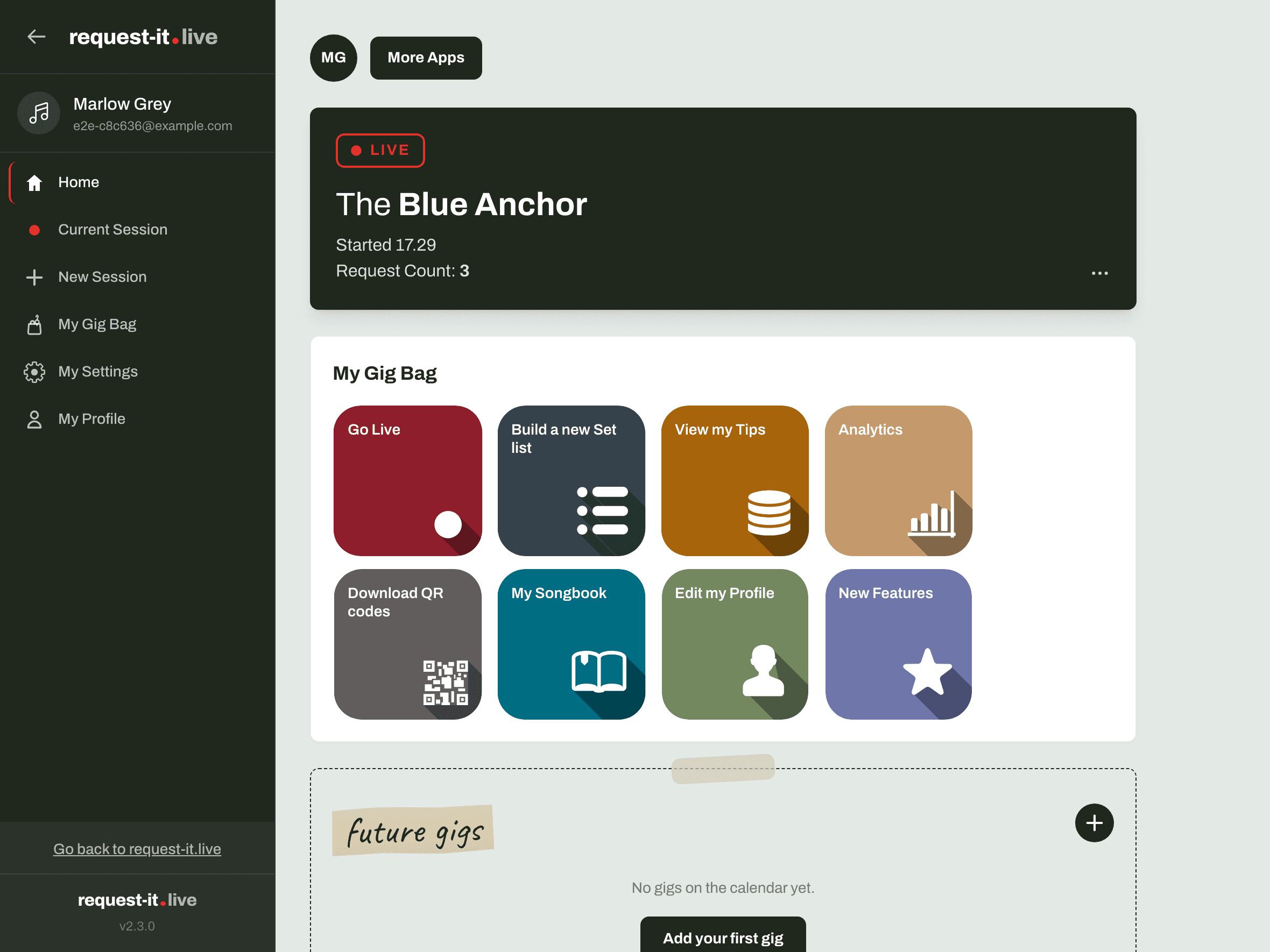 Le tableau de bord artiste de Request It Live : une session en direct au The Blue Anchor au-dessus des tuiles My Gig Bag